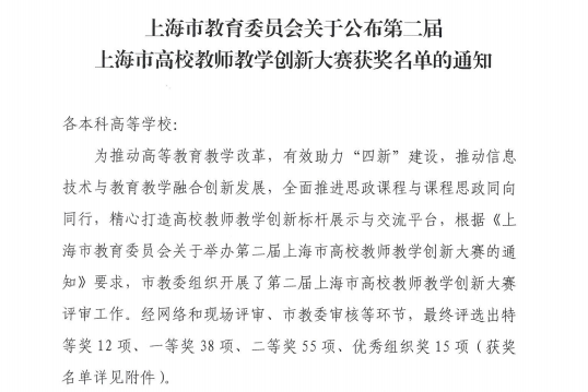 我校教师在第二届上海市高校教师教学创新大赛中取得佳绩